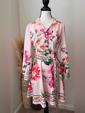 DALIA MACPHEE Pink Floral Long-Sleeve Shirt Dress with Tie Waist - S